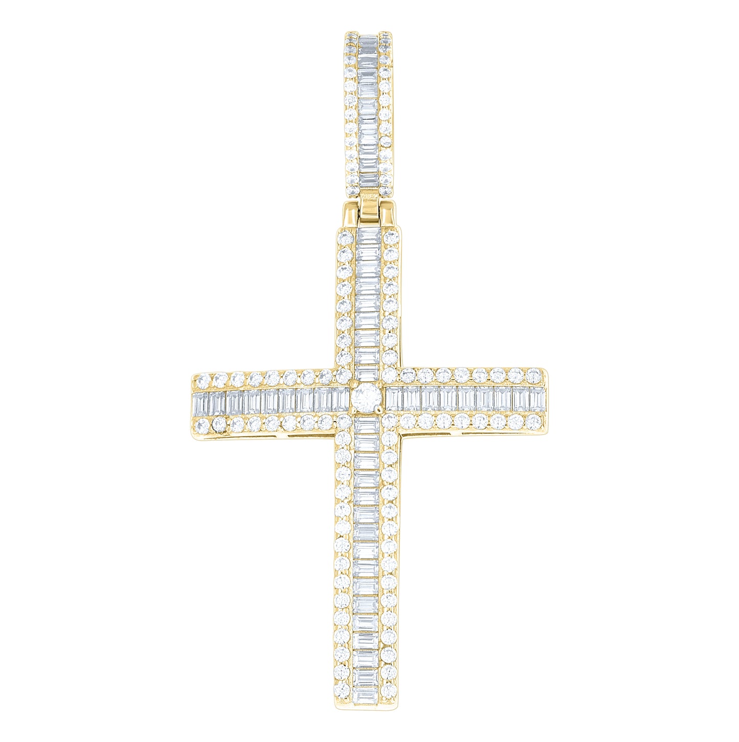 Sterling Silver Yellow-tone Men Round Baguette  1.86ct, 2.81ct Moissanite Cross Religious Pendant – Elegant Jewelry Gift for Birthday, Anniversary, Engagement, Wedding