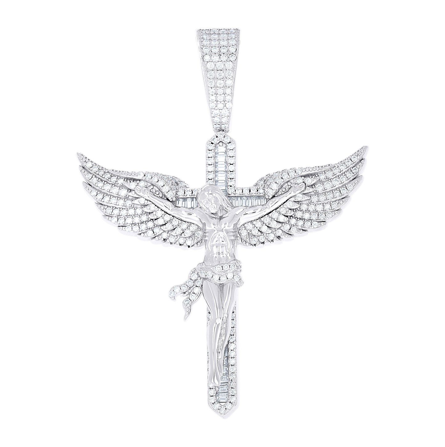 Sterling Silver Men Round Baguette  1.54ct, 0.80ct Moissanite Angel Wing Crucifix Religious Pendant – Elegant Jewelry Gift for Birthday, Anniversary, Engagement, Wedding
