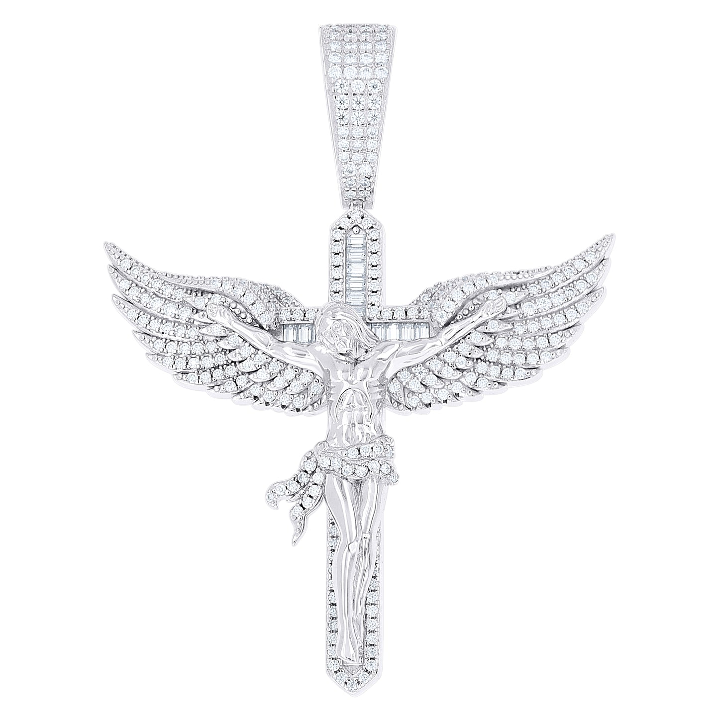 Sterling Silver Men Round Baguette  3.36ct, 1.47ct Moissanite Angel Wing Crucifix Religious Pendant – Elegant Jewelry Gift for Birthday, Anniversary, Engagement, Wedding