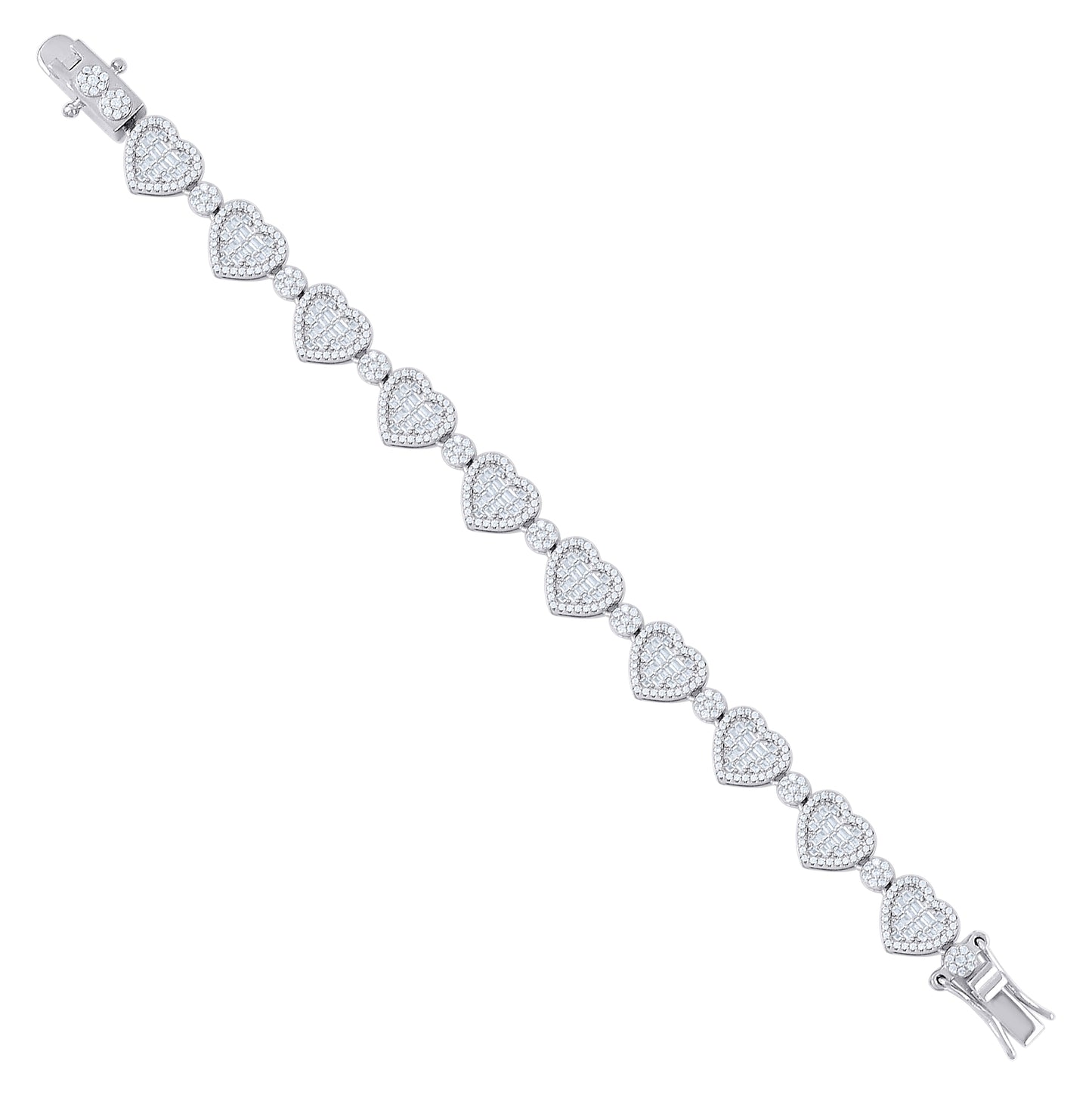 Sterling Silver Womens Baguette Round  1.78ct, 2.83ct  Moissanite Heart Charm Bracelet 7 Inches– Elegant Jewelry Gift for Birthday, Anniversary, Engagement, Wedding