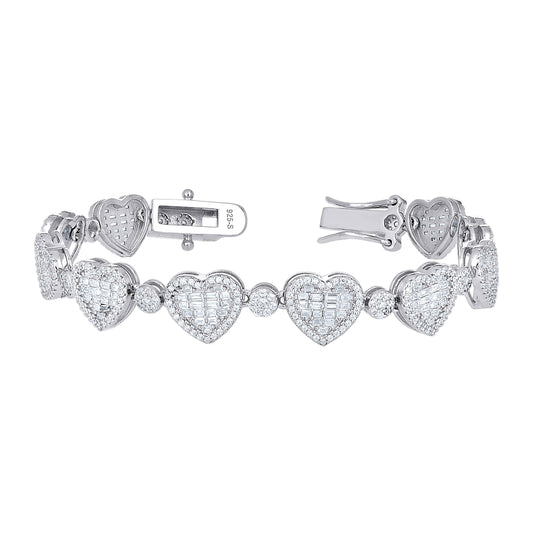 Sterling Silver Womens Baguette Round  1.78ct, 2.83ct  Moissanite Heart Charm Bracelet 7 Inches– Elegant Jewelry Gift for Birthday, Anniversary, Engagement, Wedding
