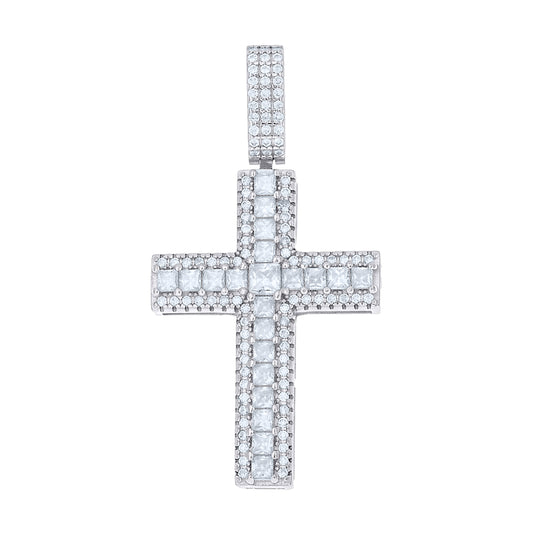 Sterling Silver Unisex Princess-Cut Round  0.53ct, 1.44ct  Moissanite Cross Religious Pendant – Elegant Jewelry Gift for Birthday, Anniversary, Engagement, Wedding