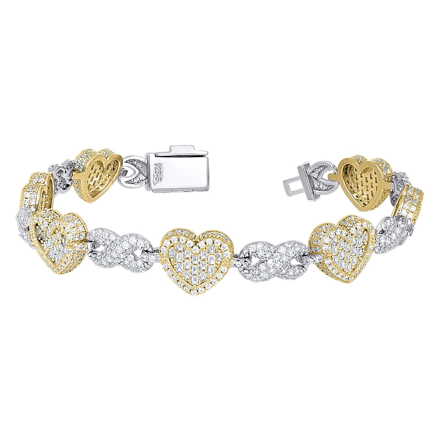Sterling Silver Yellow-tone Womens Baguette Round Cubic-Zirconia Hearts & Infinity Love Bracelet 7.5 Inches– Elegant Jewelry Gift for Birthday, Anniversary, Engagement, Wedding
