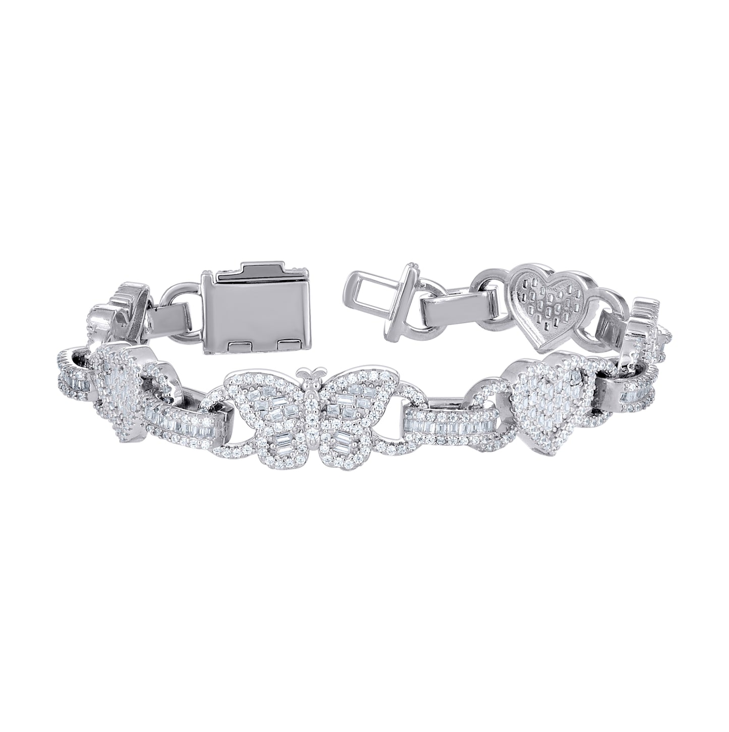 Sterling Silver Yellow-tone Womens Baguette Round Cubic-Zirconia Hearts & Butterfly Love Bracelet 7.5 Inches– Elegant Jewelry Gift for Birthday, Anniversary, Engagement, Wedding