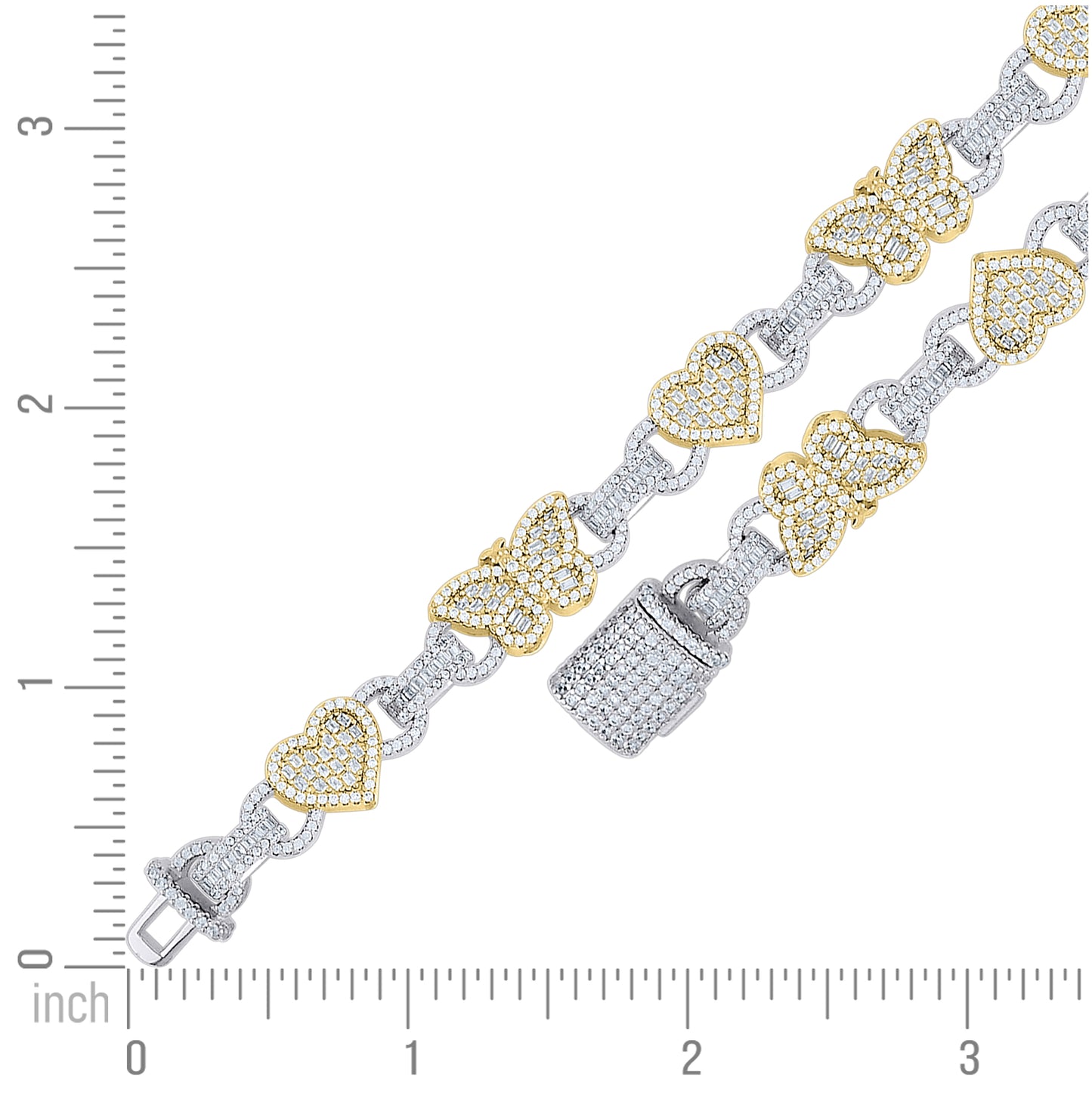 Sterling Silver Yellow-tone Womens Baguette Round Cubic-Zirconia Hearts & Butterfly Love Bracelet 7.5 Inches– Elegant Jewelry Gift for Birthday, Anniversary, Engagement, Wedding