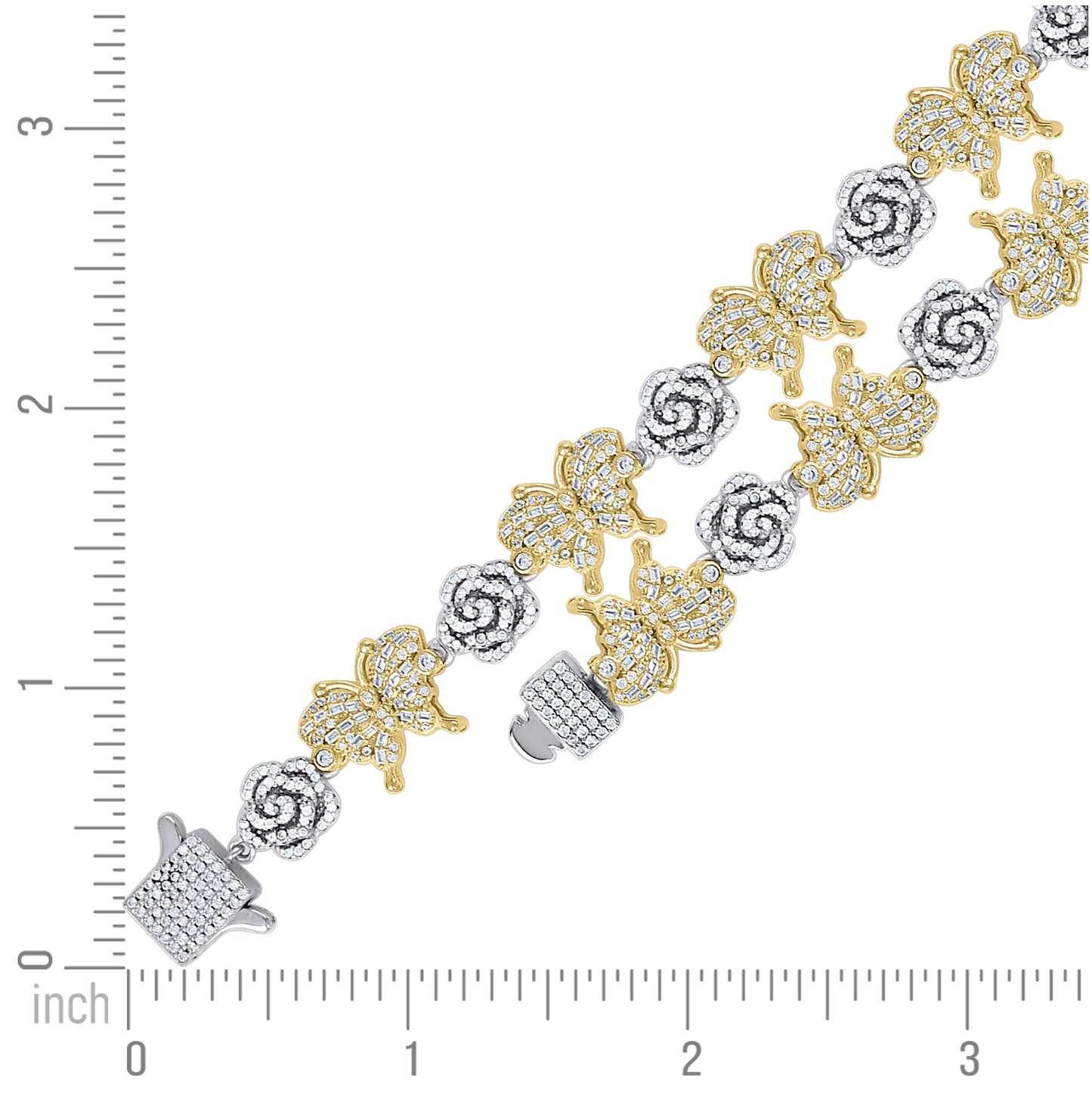 Sterling Silver Yellow-tone Womens Baguette Round Cubic-Zirconia Flower & Butterfly Bracelet 7.5 Inches– Elegant Jewelry Gift for Birthday, Anniversary, Engagement, Wedding