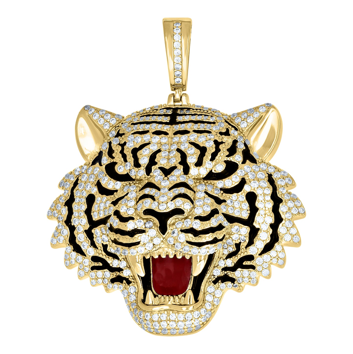 Sterling Silver Yellow-tone Mens Cubic-Zirconia Black Red Enameled Tiger Head Animal Charm Pendant – Elegant Jewelry Gift for Birthday, Anniversary, Engagement, Wedding