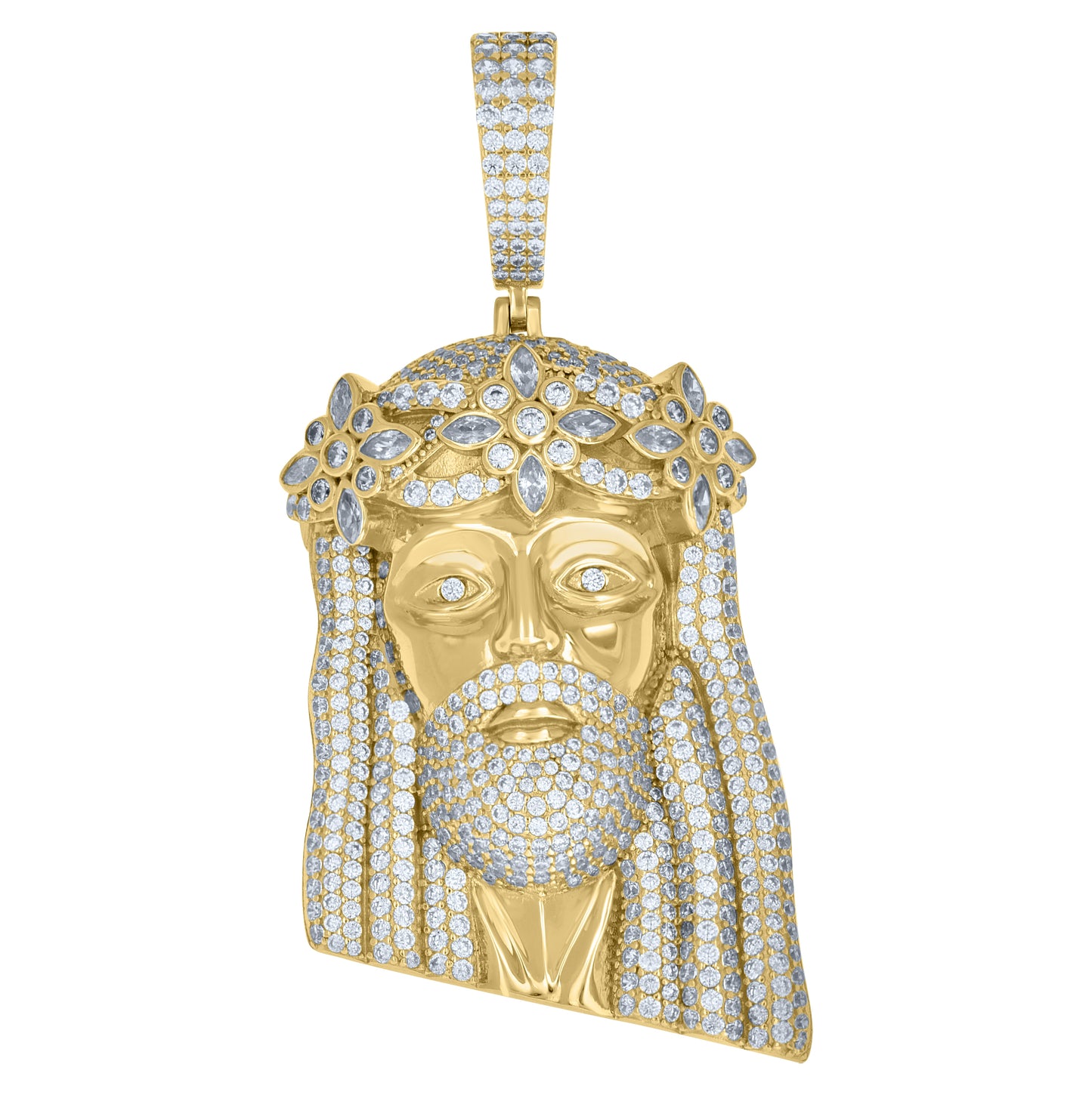 Sterling Silver Yellow-tone Mens Round Marquise Cubic-Zirconia Jesus Religious Charm Pendant – Elegant Jewelry Gift for Birthday, Anniversary, Engagement, Wedding
