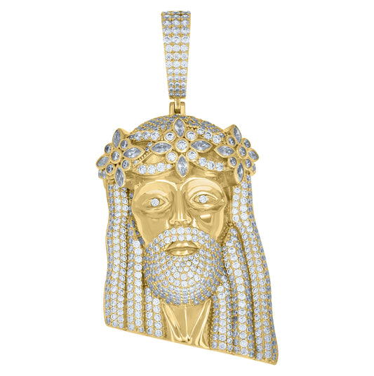 Sterling Silver Yellow-tone Mens Round Marquise Cubic-Zirconia Jesus Religious Charm Pendant – Elegant Jewelry Gift for Birthday, Anniversary, Engagement, Wedding