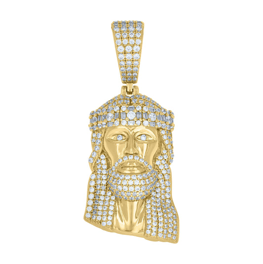 Sterling Silver Yellow-tone Mens Round Baguette Cubic-Zirconia Jesus Religious Charm Pendant – Elegant Jewelry Gift for Birthday, Anniversary, Engagement, Wedding