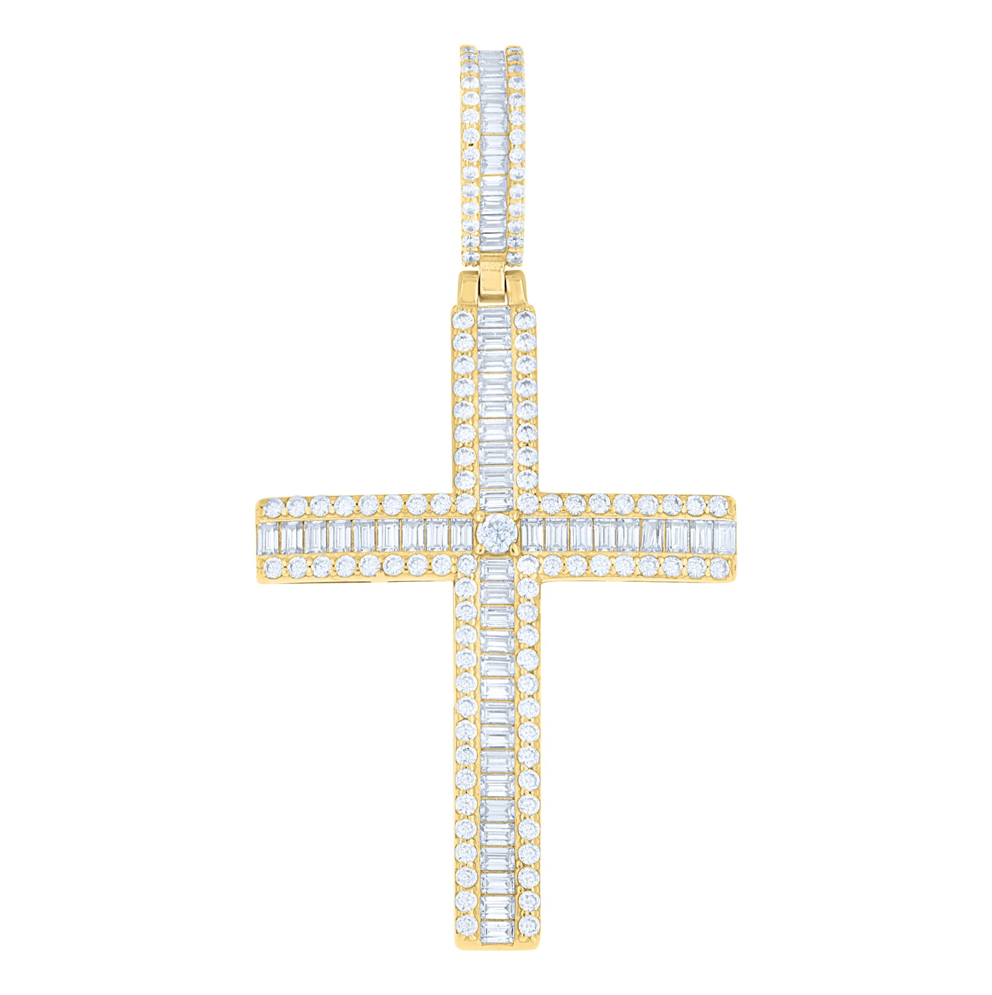 Sterling Silver Yellow-tone Mens Round Baguette Cubic-Zirconia Cross Religious Charm Pendant – Elegant Jewelry Gift for Birthday, Anniversary, Engagement, Wedding
