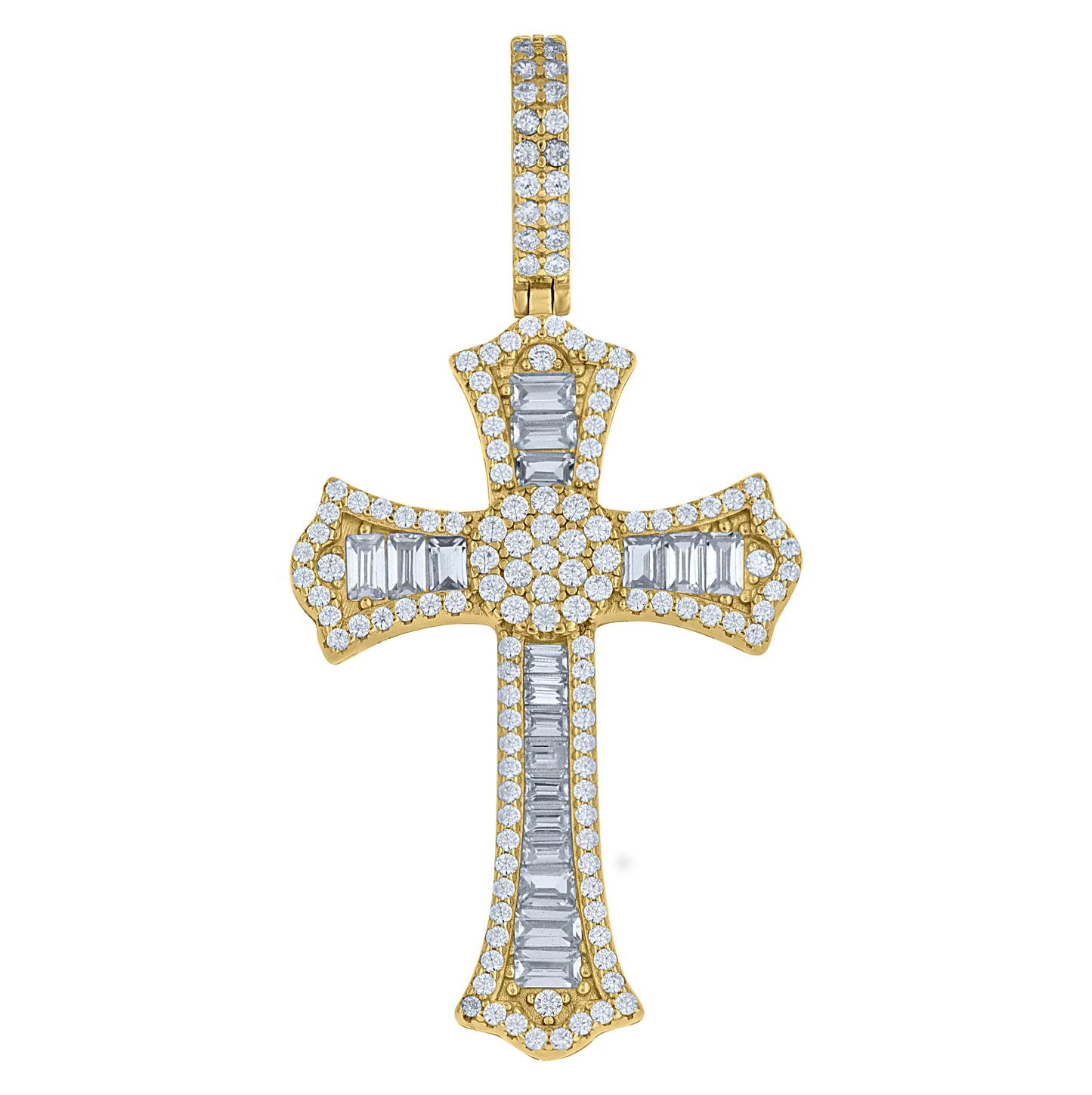 Sterling Silver Yellow-tone Mens Round Baguette Cubic-Zirconia Cross Religious Charm Pendant – Elegant Jewelry Gift for Birthday, Anniversary, Engagement, Wedding