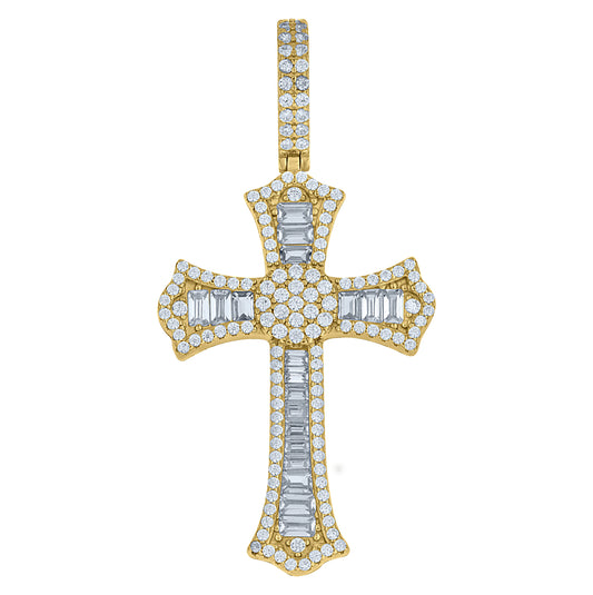 Sterling Silver Yellow-tone Mens Round Baguette Cubic-Zirconia Cross Religious Charm Pendant – Elegant Jewelry Gift for Birthday, Anniversary, Engagement, Wedding