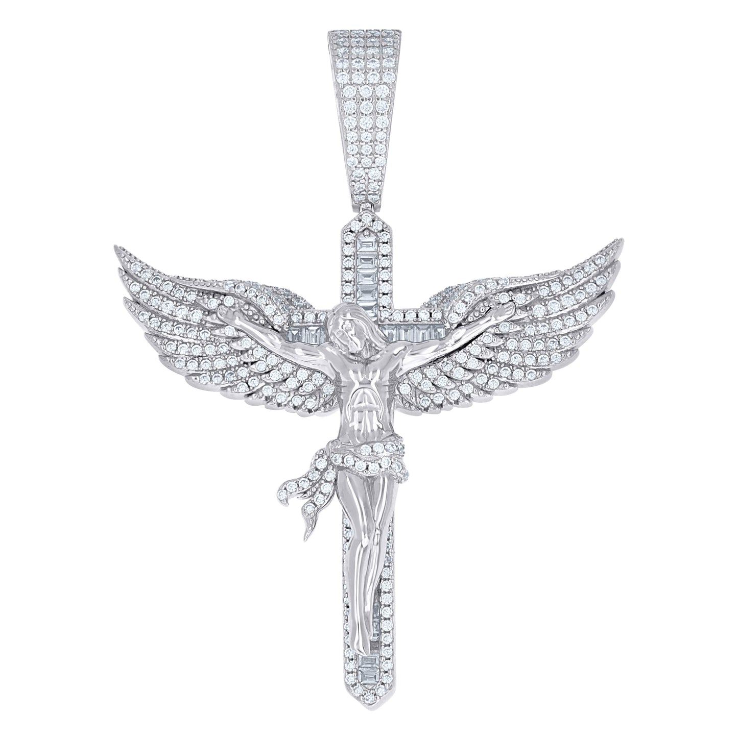 Sterling Silver Mens Round Baguette Cubic-Zirconia Angel Wings Crucifix Cross Religious Pendant – Elegant Jewelry Gift for Birthday, Anniversary, Engagement, Wedding