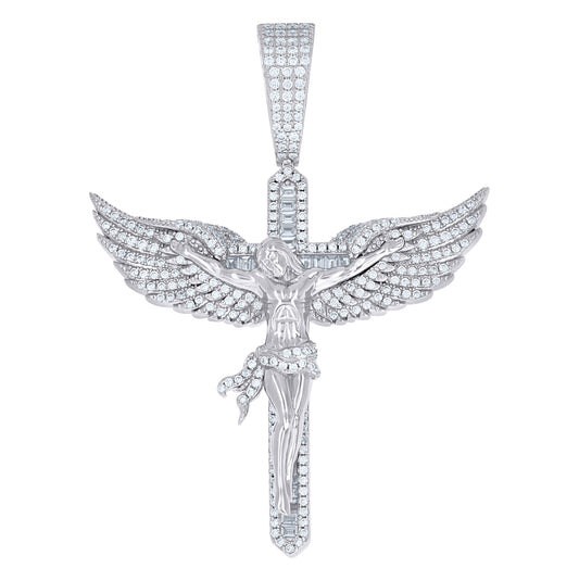 Sterling Silver Mens Round Baguette Cubic-Zirconia Angel Wings Crucifix Cross Religious Pendant – Elegant Jewelry Gift for Birthday, Anniversary, Engagement, Wedding