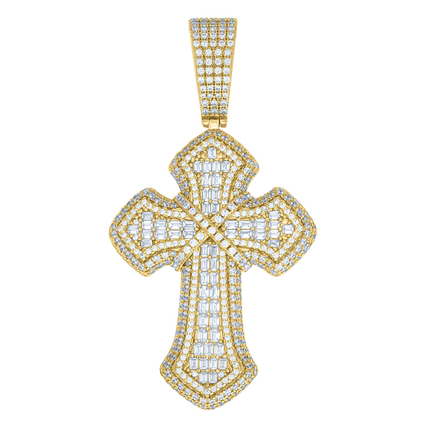 Sterling Silver Yellow-tone Mens Round Baguette Cubic-Zirconia Cross Religious Charm Pendant – Elegant Jewelry Gift for Birthday, Anniversary, Engagement, Wedding