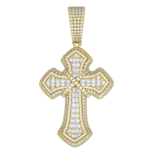 Sterling Silver Yellow-tone Mens Round Baguette Cubic-Zirconia Cross Religious Charm Pendant – Elegant Jewelry Gift for Birthday, Anniversary, Engagement, Wedding