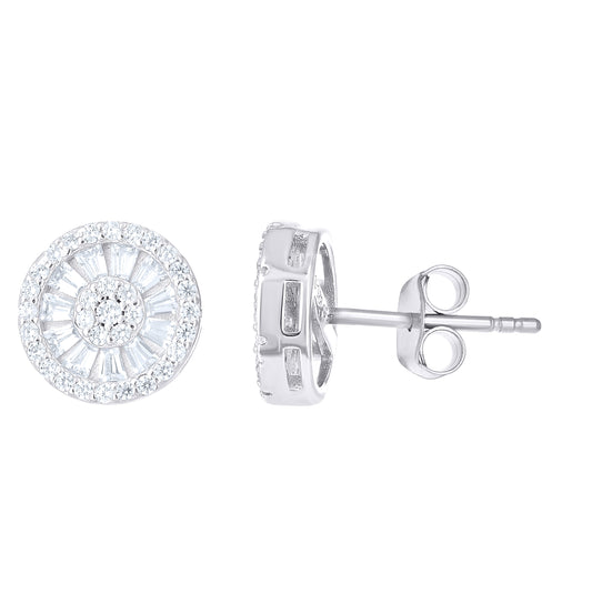 Sterling Silver Womens Baguette Round Cubic-Zirconia Round Fashion Stud Earrings– Elegant Jewelry Gift for Birthday, Anniversary, Engagement, Wedding