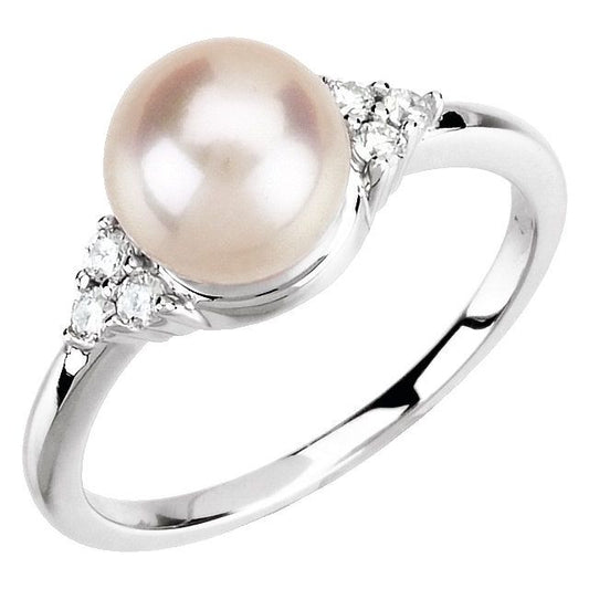 14K White Or Yellow Gold 7.5-8.0 Mm Polished Cultured White Freshwater Pearl And 1/8 Ctw Natural Diamond Ring, Size 7
