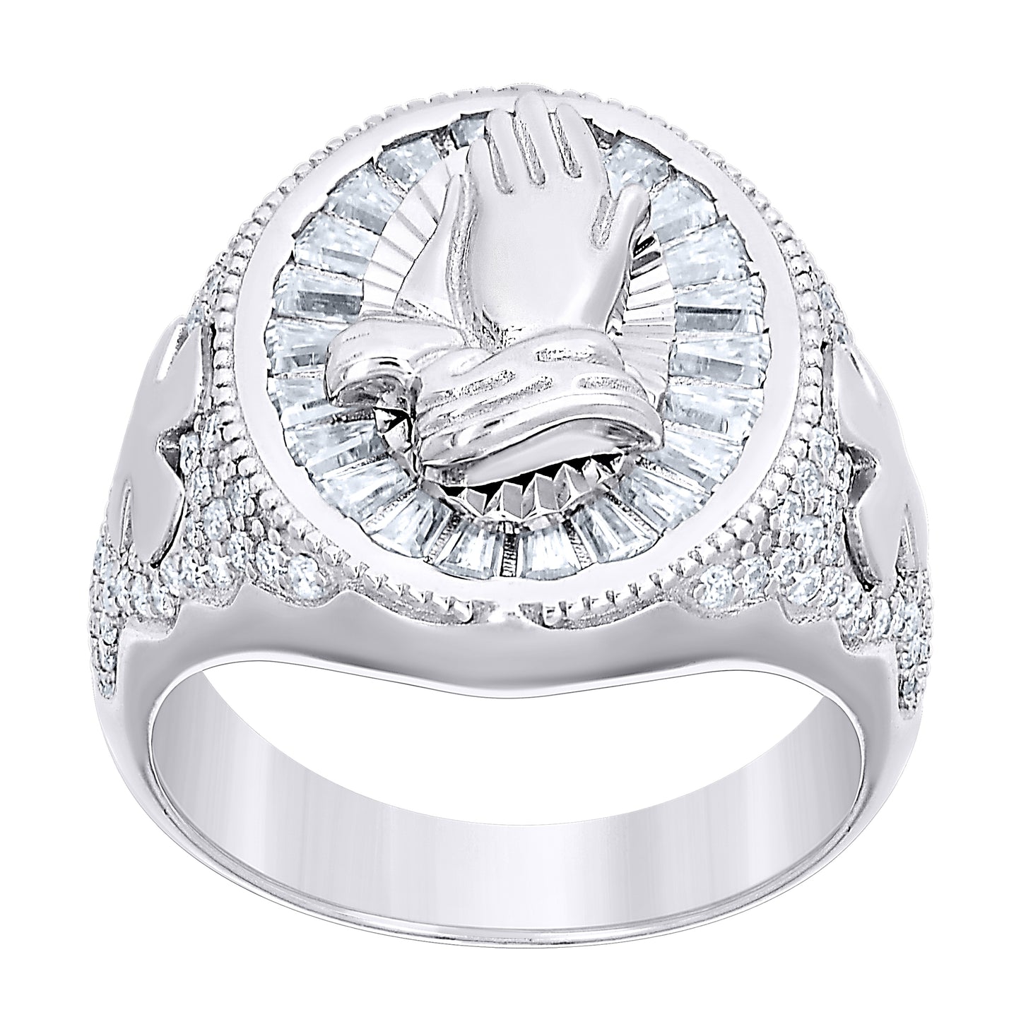 Sterling Silver Mens Round Baguette  2.58ct Moissanite Praying Hands Religious Fashion Ring Size 10– Elegant Jewelry Gift for Birthday, Anniversary, Engagement, Wedding