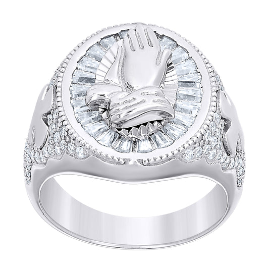 Sterling Silver Mens Round Baguette  2.58ct Moissanite Praying Hands Religious Fashion Ring Size 10– Elegant Jewelry Gift for Birthday, Anniversary, Engagement, Wedding