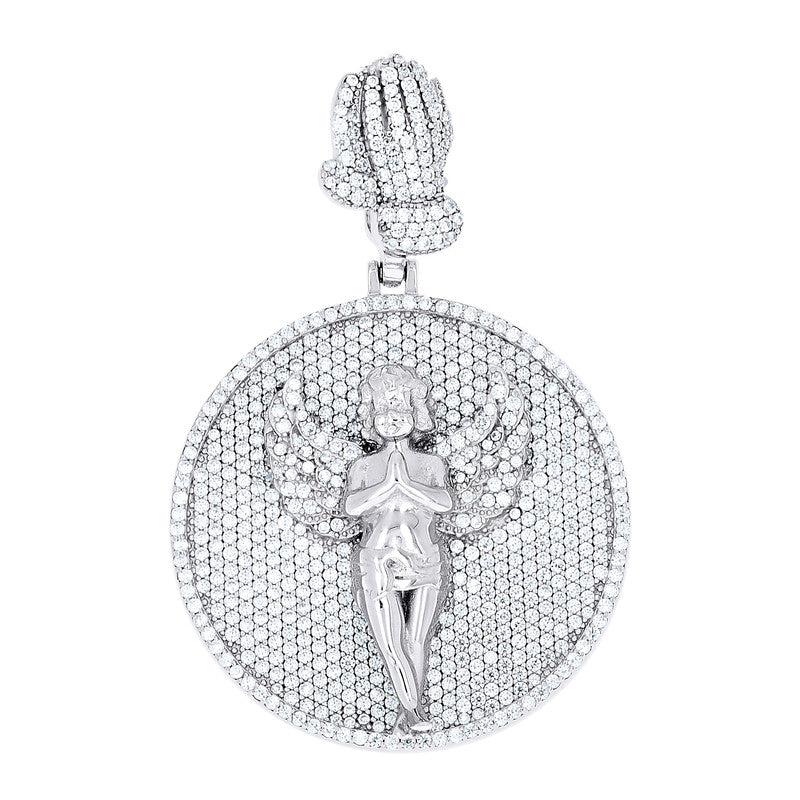 925 Sterling Silver Mens Moissanite Angel Religious Charm Pendant
