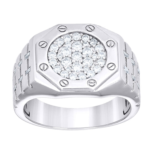 Sterling Silver Mens Round Baguette  0.95ct Moissanite Octagon Head Fashion Ring Size 10– Elegant Jewelry Gift for Birthday, Anniversary, Engagement, Wedding