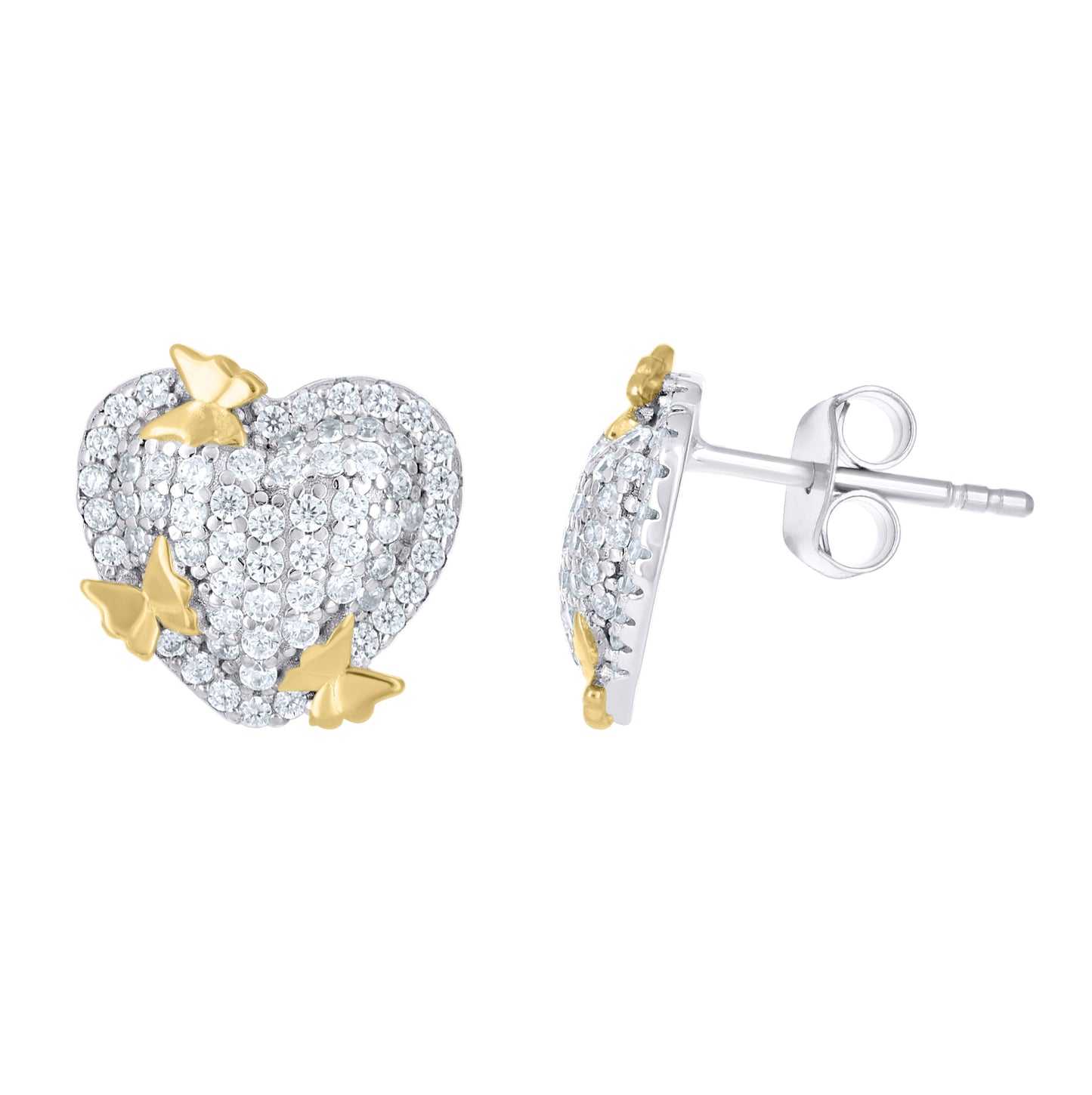 Sterling Silver Yellow-Tone Womens Cubic-Zirconia Butterflies Heart Stud Earrings– Elegant Jewelry Gift for Birthday, Anniversary, Engagement, Wedding