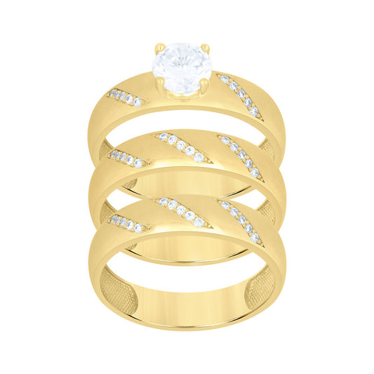 10kt Yellow Gold His & Her Cubic-Zirconia Trio Ring Set