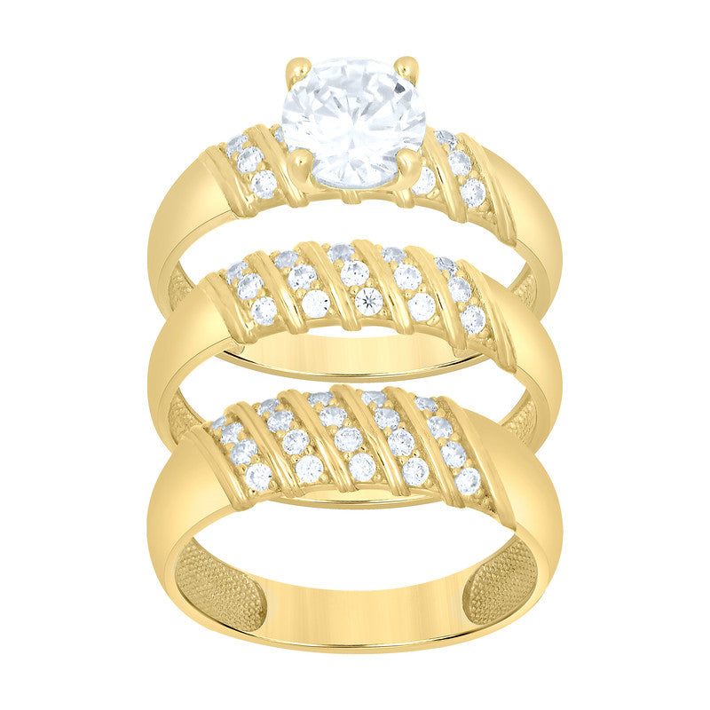 10kt Yellow Gold His & Her Cubic-Zirconia Trio Ring Set