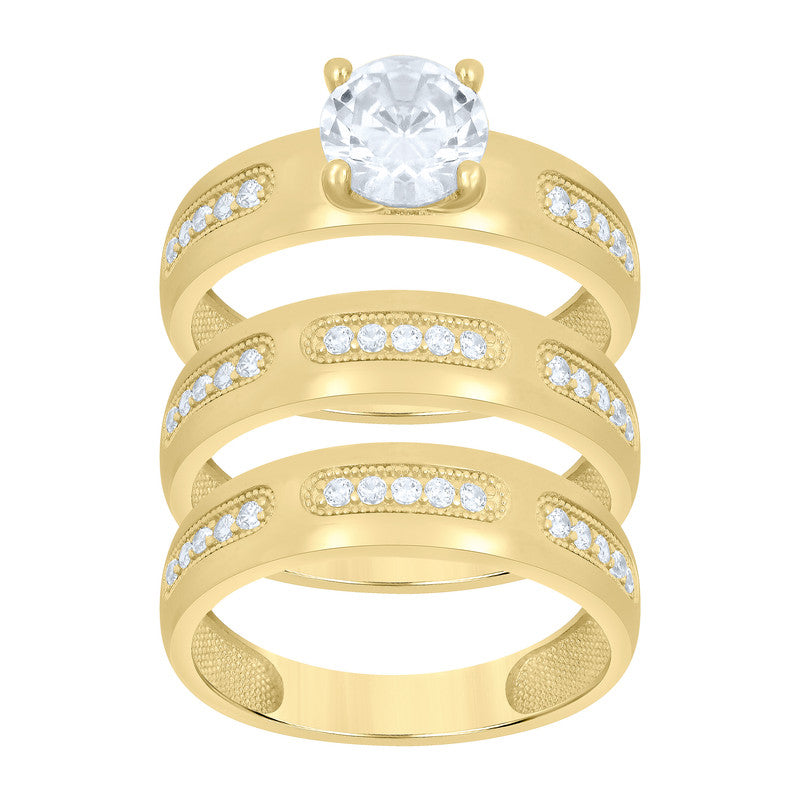 10kt Yellow Gold His & Her Cubic-Zirconia Trio Ring Set