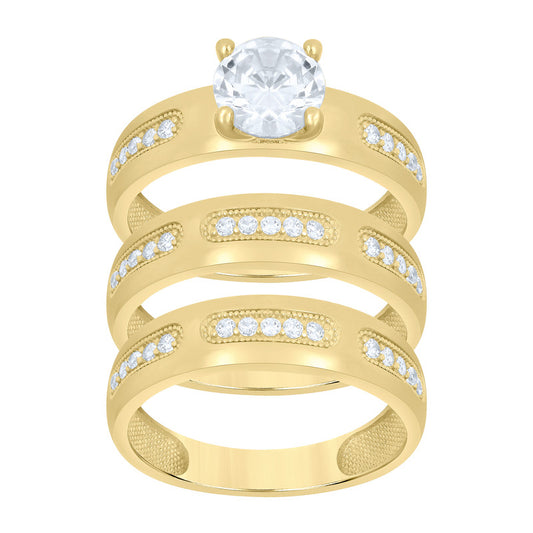 10kt Yellow Gold His & Her Cubic-Zirconia Trio Ring Set