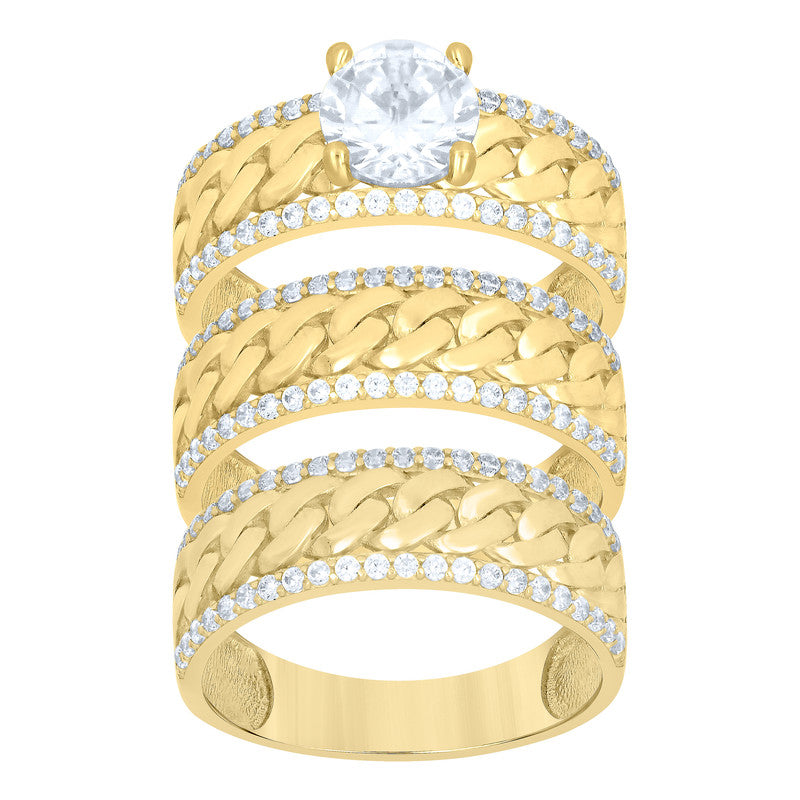 10kt Yellow Gold His & Her Cubic-Zirconia Cuban Link Trio Ring Set