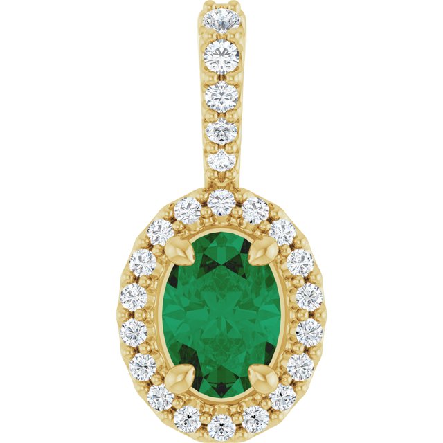 14K Yellow Gold Oval 7 X 5Mm I1, G-H Polished Lab-Grown Emerald And 1/5 Ctw Natural Diamond Halo-Style Pendant