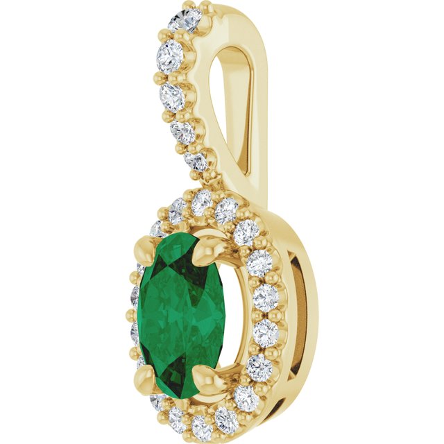 14K Yellow Gold Oval 7 X 5Mm I1, G-H Polished Lab-Grown Emerald And 1/5 Ctw Natural Diamond Halo-Style Pendant