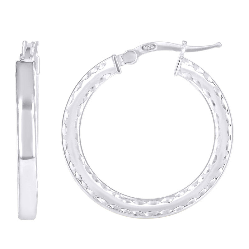 925 Sterling Silver Womens Diamond-Cut Square Tube Hoop Earrings