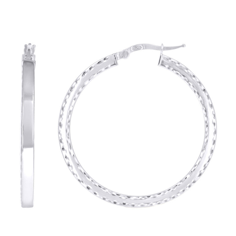 925 Sterling Silver Womens Diamond-Cut Square Tube Hoop Earrings