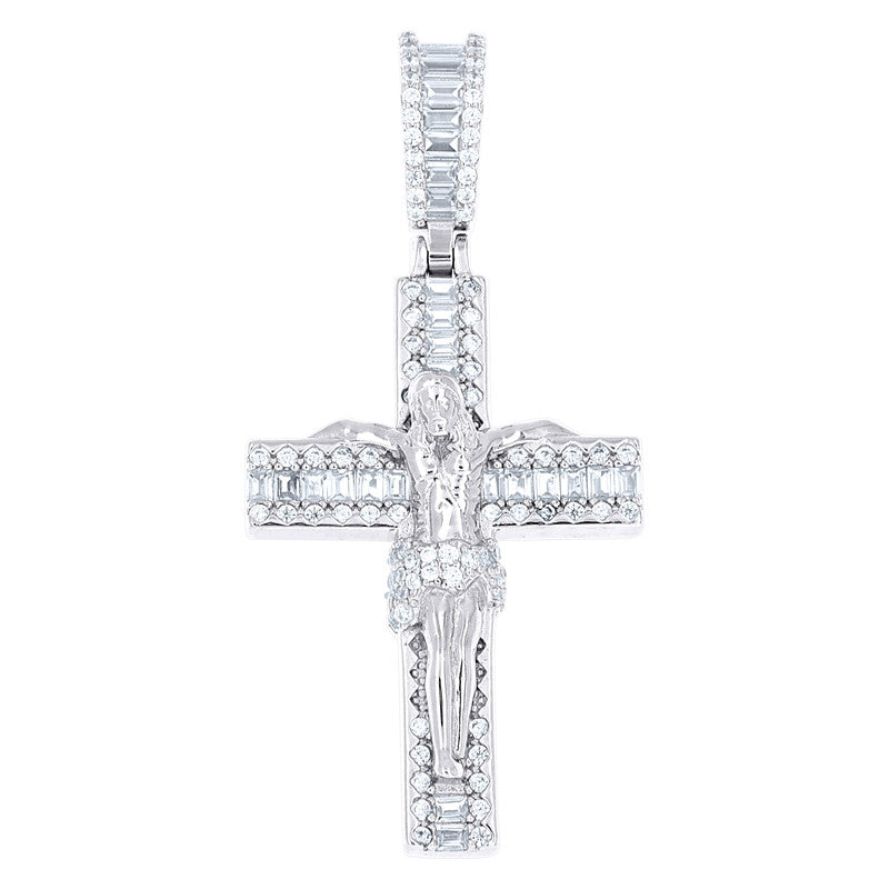 925 Sterling Silver Mens Baguette Round Cubic-Zirconia Crucifix Cross Religious Charm Pendant