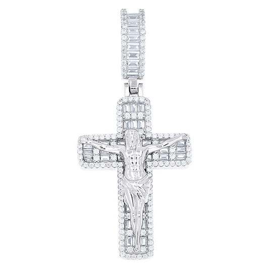 925 Sterling Silver Mens Baguette Round Cubic-Zirconia Crucifix Cross Religious Charm Pendant