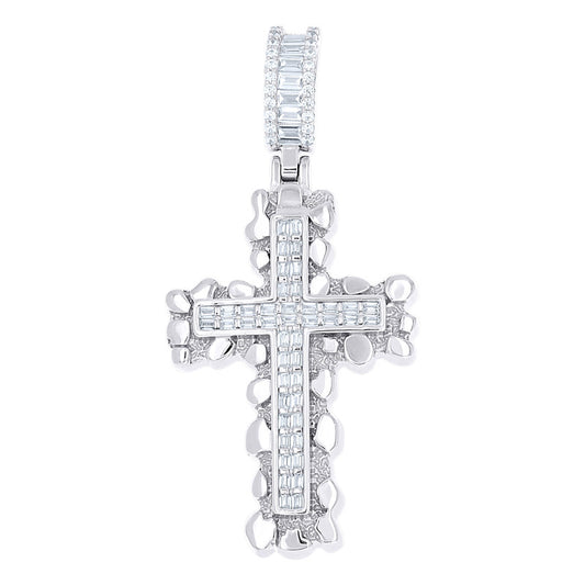 925 Sterling Silver Mens Baguette Round Cubic-Zirconia Nugget Cross Religious Charm Pendant