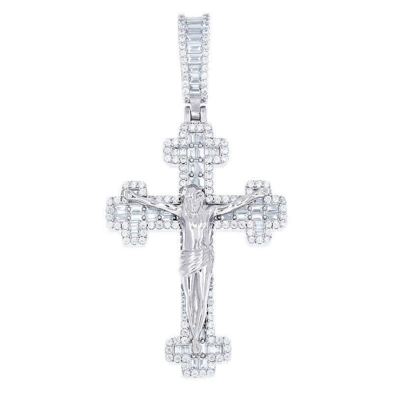 925 Sterling Silver Mens Baguette Round Cubic-Zirconia Crucifix Cross Religious Charm Pendant