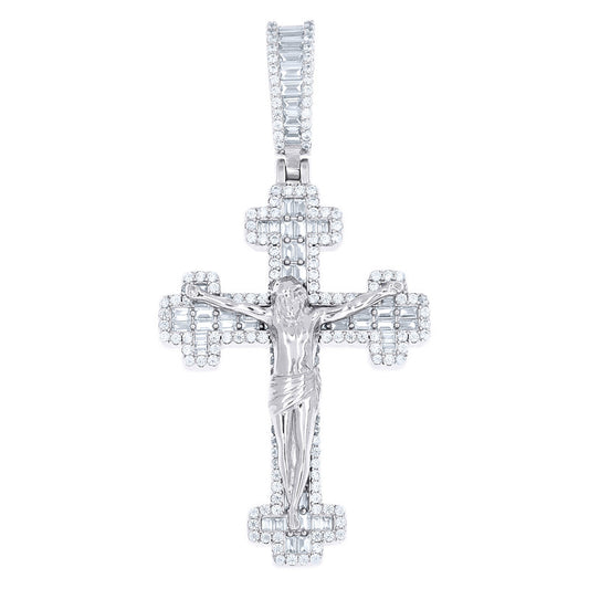 925 Sterling Silver Mens Baguette Round Cubic-Zirconia Crucifix Cross Religious Charm Pendant