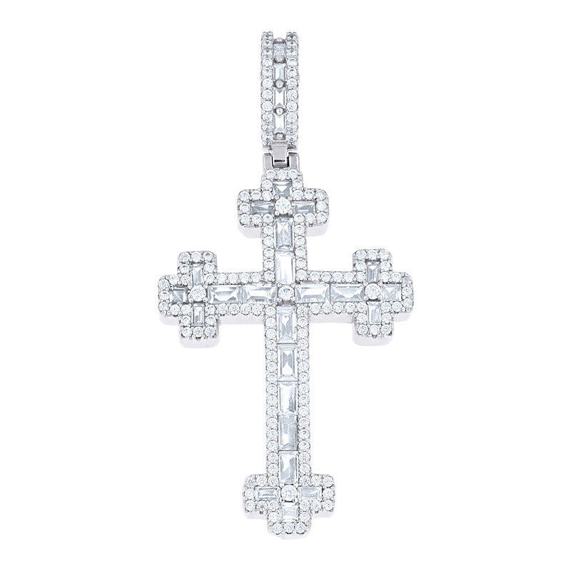 925 Sterling Silver Mens Baguette Round Cubic-Zirconia Cross Religious Charm Pendant
