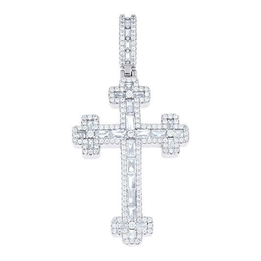 925 Sterling Silver Mens Baguette Round Cubic-Zirconia Cross Religious Charm Pendant