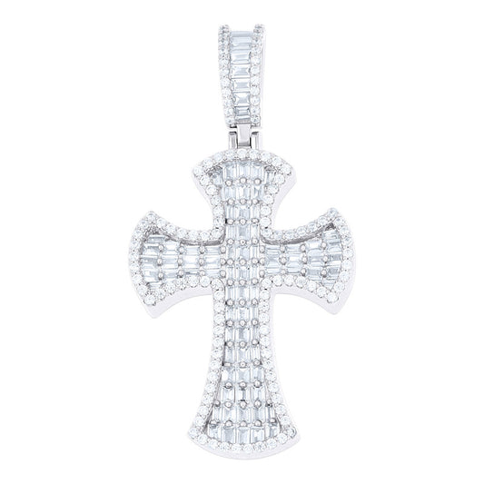 925 Sterling Silver Mens Baguette Round Cubic-Zirconia Cross Religious Charm Pendant