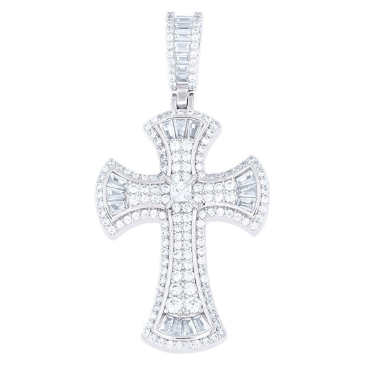 925 Sterling Silver Mens Baguette Round Cubic-Zirconia Cross Religious Charm Pendant