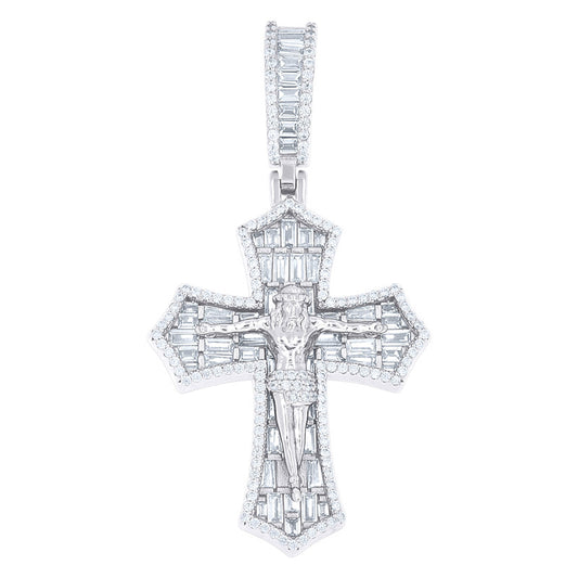 925 Sterling Silver Mens Baguette Round Cubic-Zirconia Crucifix Cross Religious Charm Pendant