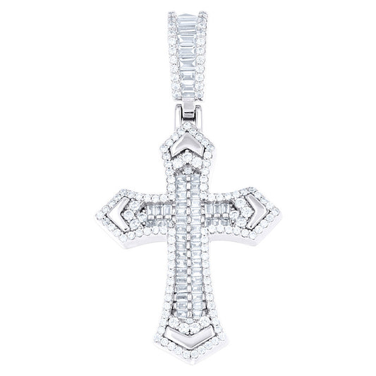 925 Sterling Silver Mens Baguette Round Cubic-Zirconia Cross Religious Charm Pendant