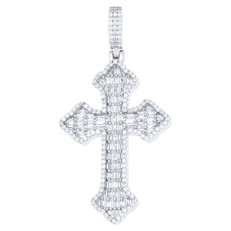 925 Sterling Silver Mens Baguette Round Cubic-Zirconia Cross Religious Charm Pendant