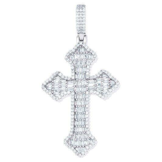 925 Sterling Silver Mens Baguette Round Cubic-Zirconia Cross Religious Charm Pendant